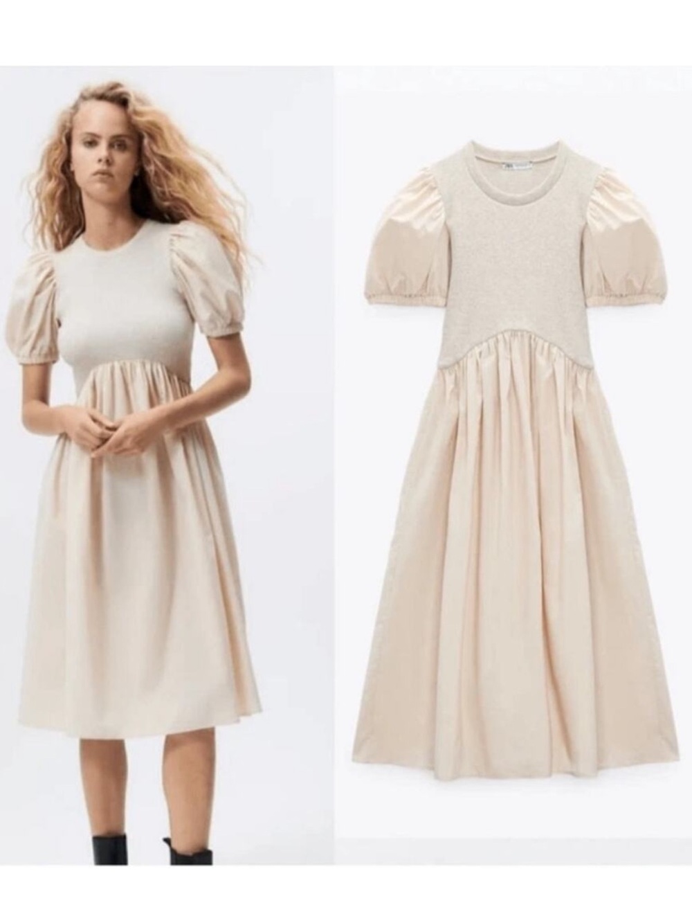 Zara Puff Sleeve Cotton Midi Dress in Oatmeal in Size Medium.